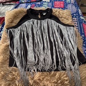 VENUS Black Top with Silver Fringe